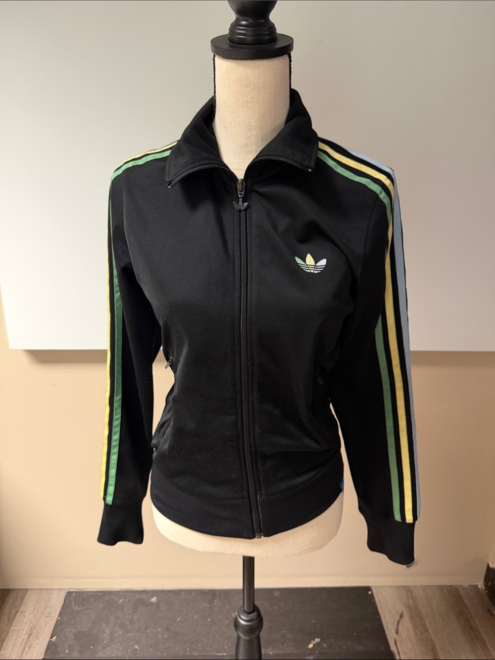 adidas vintage Black Track Jacket with Pastel Green, Yellow & Light Blue Stripes